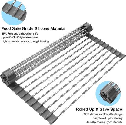 Large Kitchen Over Sink Drying Rack | Stainless Steel Roll-Up Dish Drainer & Cutting Board | Multi-Functional Space-Saving Food Prep Solution