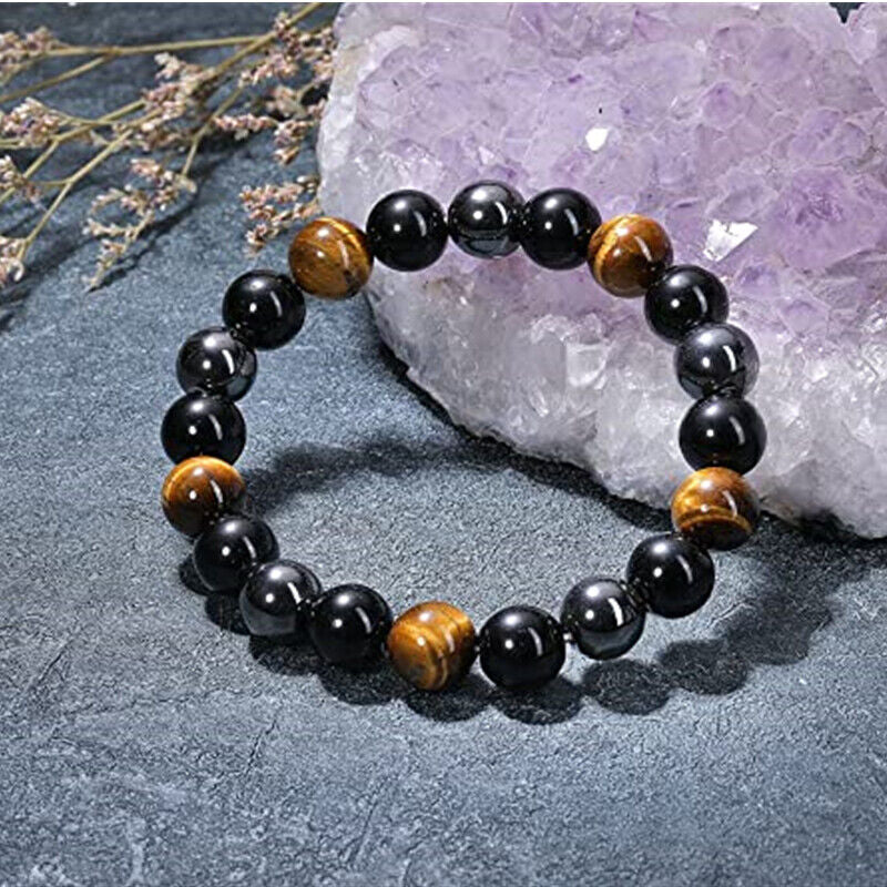 Energy Healing Stretch Bracelet Natural Stone Hematite Tiger Eye for Men Women