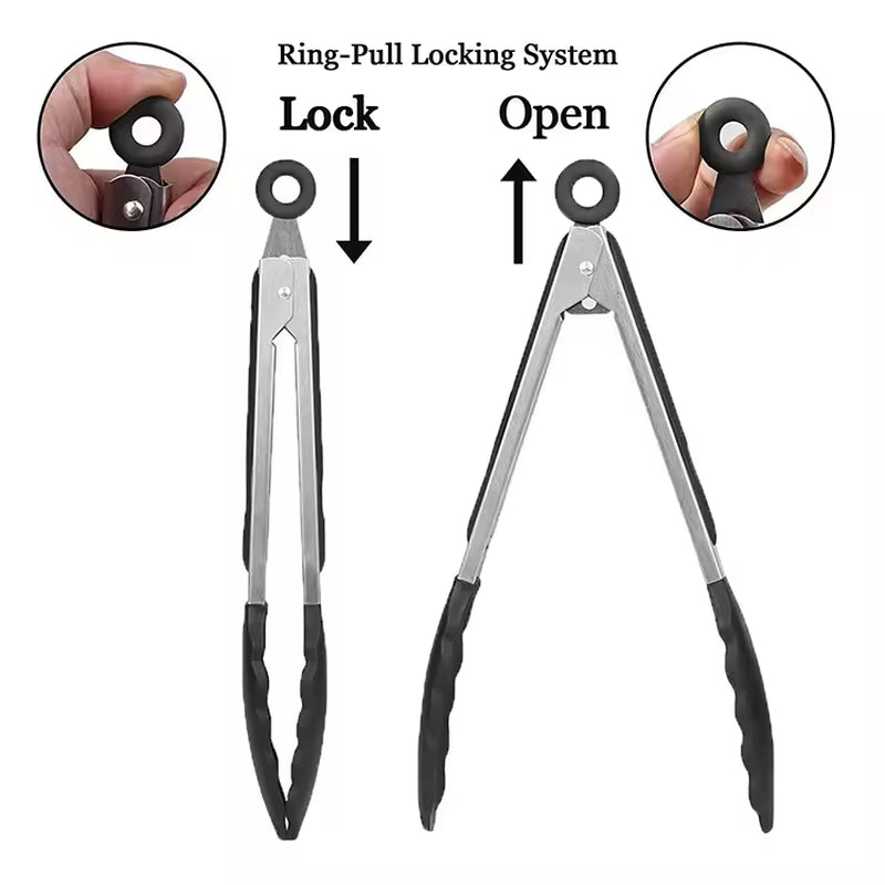 ✅SHIP NOW - Kitchen Food Tongs Silicone Stainless Steel Tongs Set | Black 9"/12"