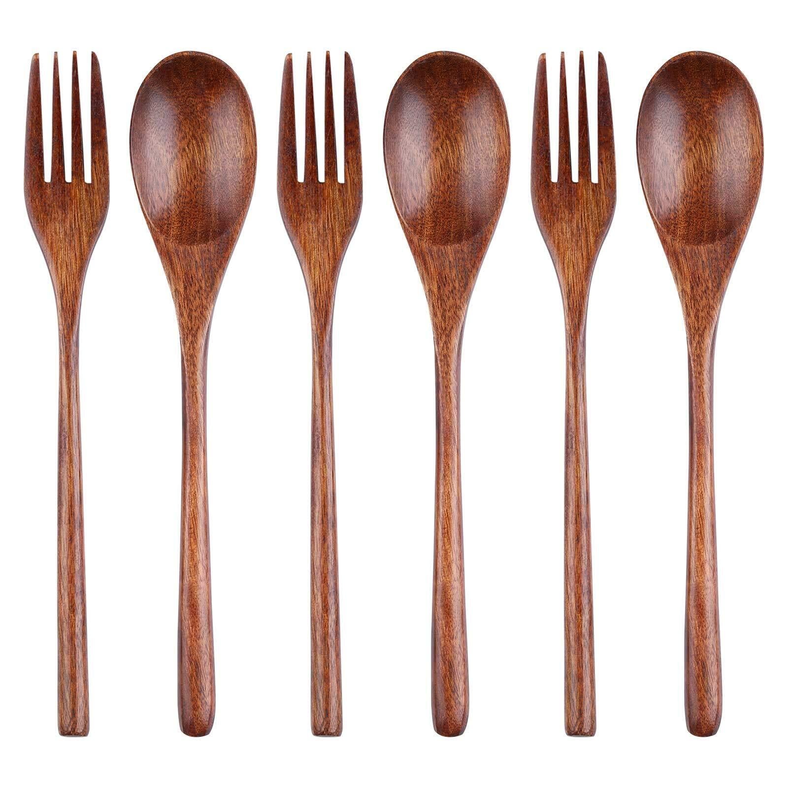 Wooden Kitchen Flatware Set 6 Pieces Wooden Spoons and Forks 9" Korean Wooden 