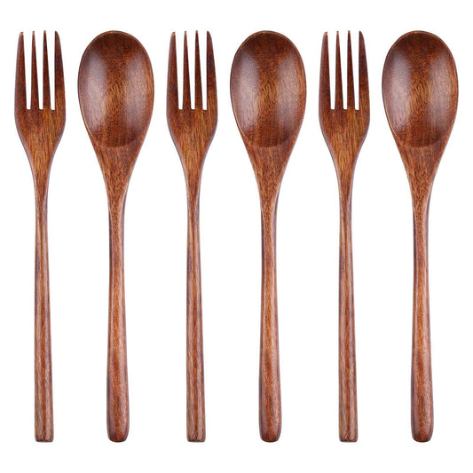 Wooden Kitchen Flatware Set 6 Pieces Wooden Spoons and Forks 9" Korean Wooden 