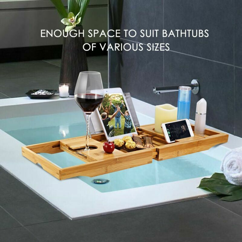 Bathtub Tray Caddy, Luxury Bamboo Bath Table – Expandable Solid Wood Holder for Wine, Books & Spa Essentials Wooden Gift 