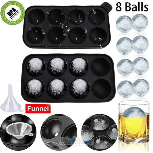 Silicone Ice Cube Ball Maker 8 Large Round Ice Sphere Molds for Cocktails Reusable Tray with Funnel Plastic Utensils Coffee Drink Traditional Washable