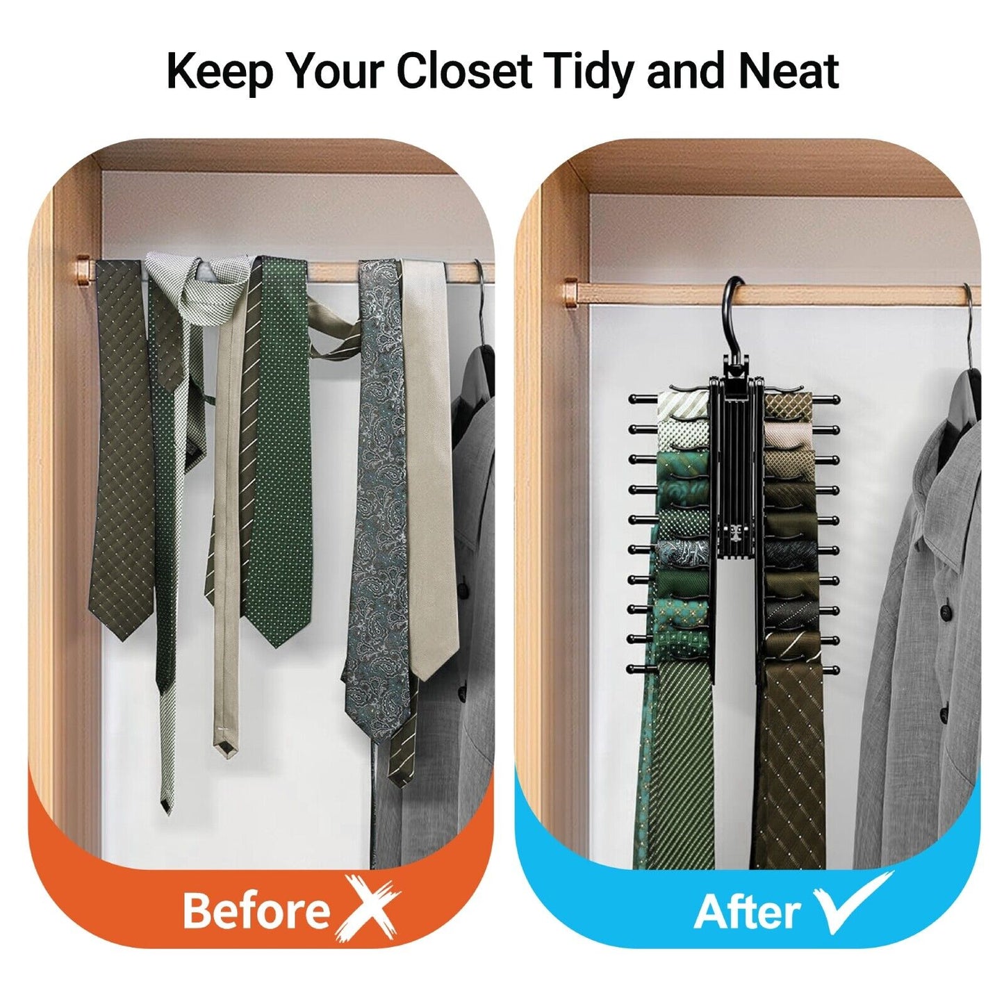 Tie Rack Organizer for Closet - 20 Tie Hanger with 360° Rotating Hook, Space-Saving Non-Slip Clips, Durable ABS Plastic, Easy Access & Neat Storage