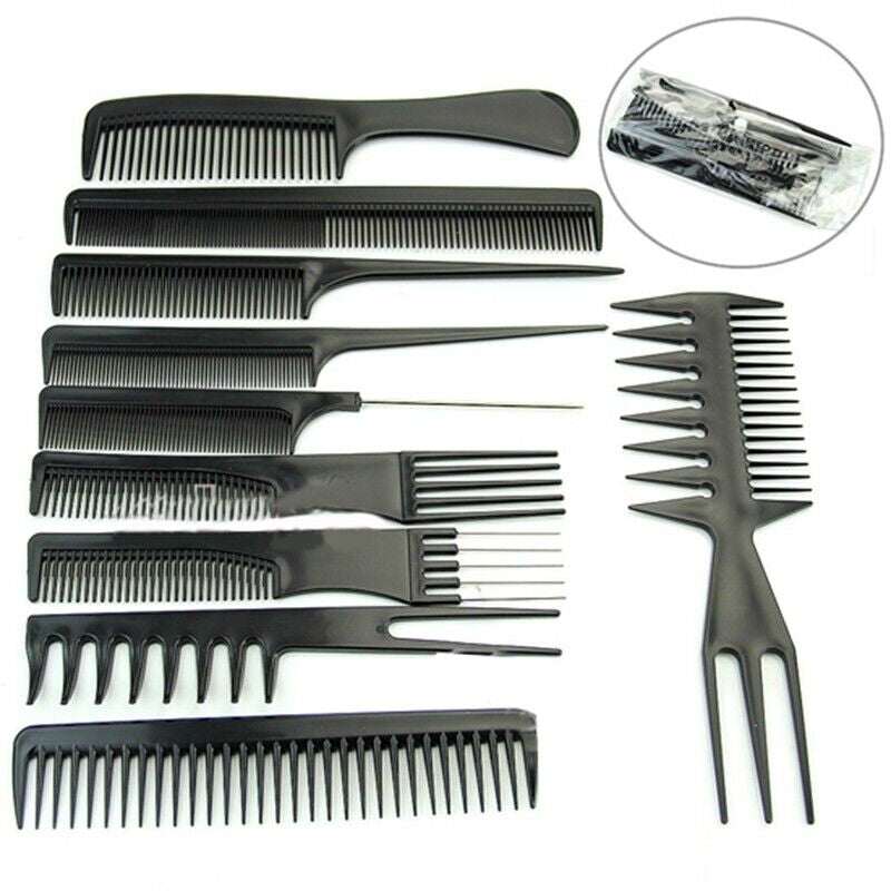 rat tail comb, Pro Salon Hair Styling Comb Set – 10pcs Black Plastic Hairdressing Brushes for Barbers & Stylists, Professional Hair Tools for Cutting