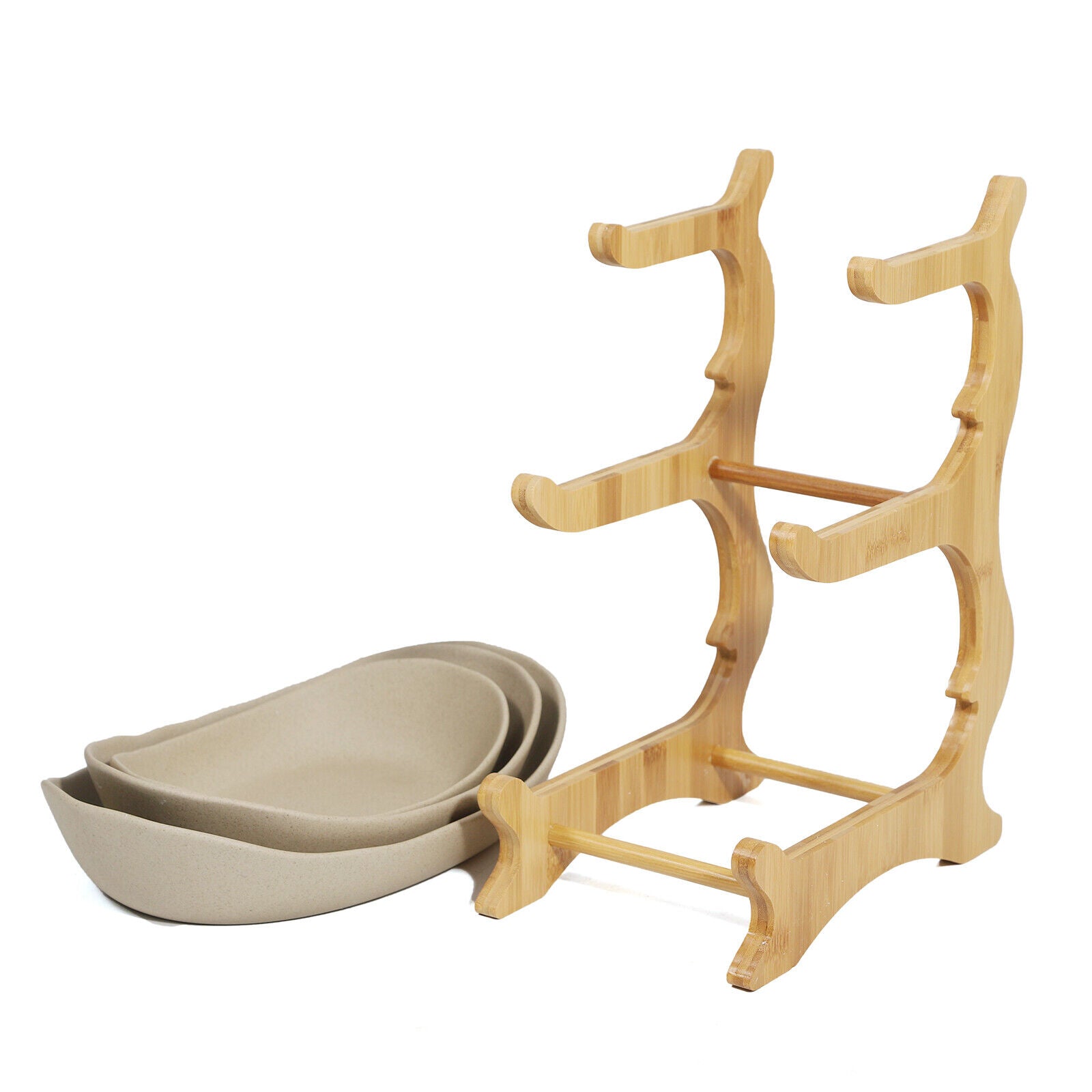 3-Tier Fruit Tray Storage Rack – Bamboo & Ceramic Stand for Snacks, Candy, Sushi – Elegant Display for Home, Parties, Weddings & More (White/Brown)
