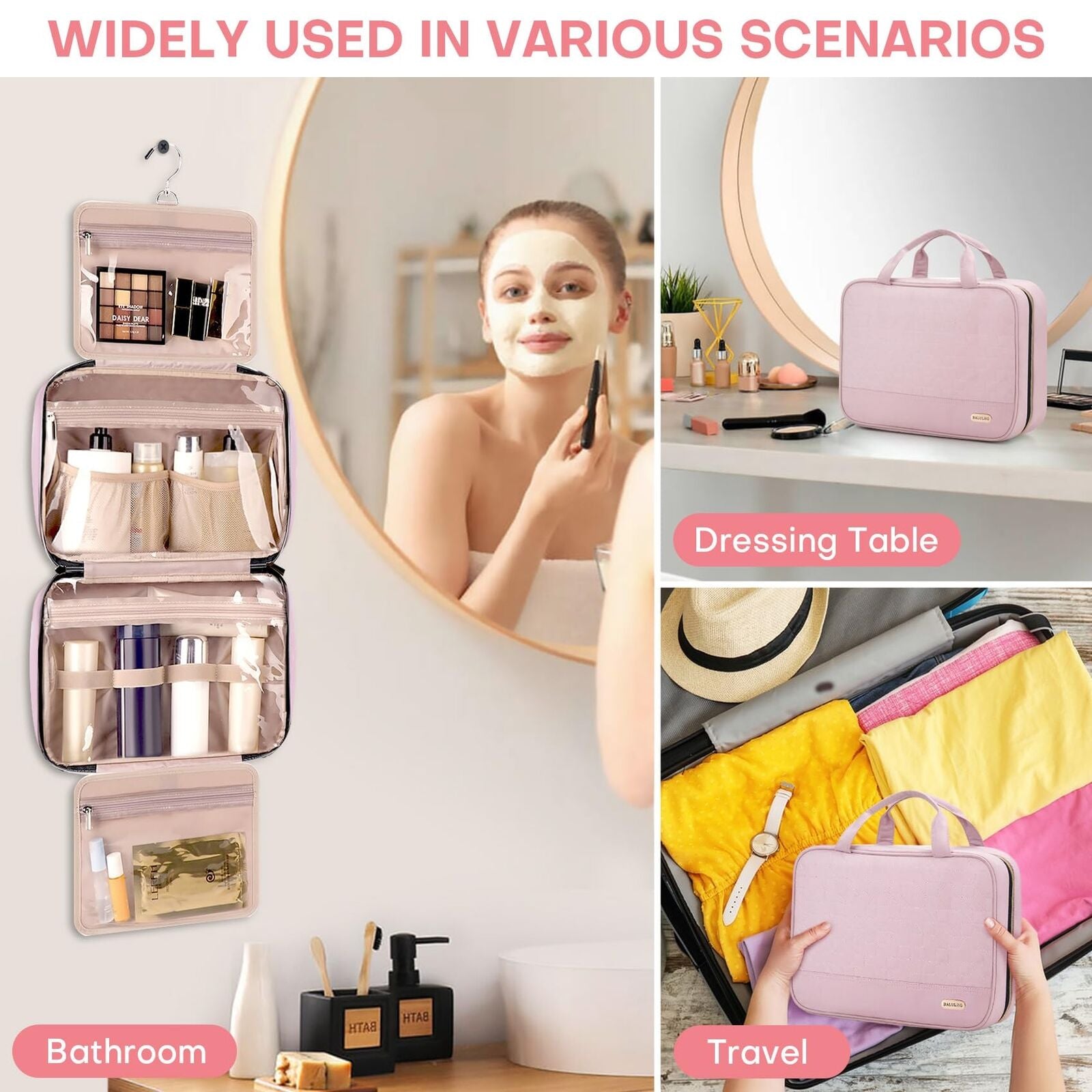 Portable Makeup Bag cosmetic Bag Travel Toiletry Bag for Women with Hanging Hook Traveling Essentials Organizer