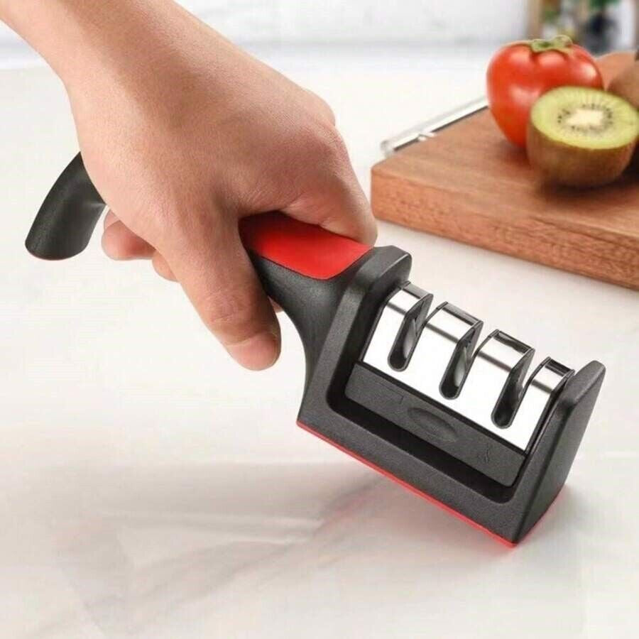 Knife Sharpener for Kitchen Knives, 4-in-1 Manual Blade Sharpener – Easy & Safe Tool for Restoring Sharp Edges at Home, Works on All Blades!