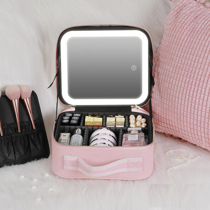 Makeup Bag  LED Makeup Bag with Mirror – 76 LED Light Beads, 3 Color Modes, USB Rechargeable, Large Capacity Travel Cosmetic Organizer