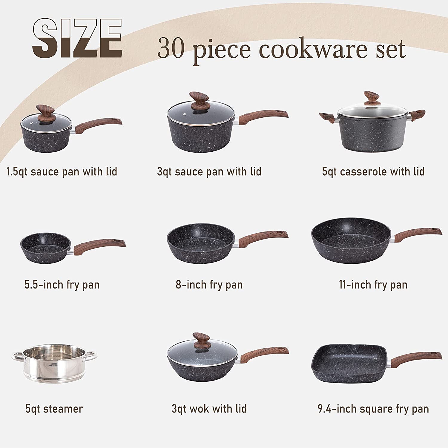 complete cookware 30 pcs set, Nonstick Pots and Pans Set - Granite Cookware & Bakeware, Induction Compatible, Toxin-Free, Includes Fry Pans, Saucepans