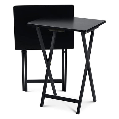 PJ Wood Folding TV Tray Tables with Compact Storage Rack, Black, 2 Piece Set