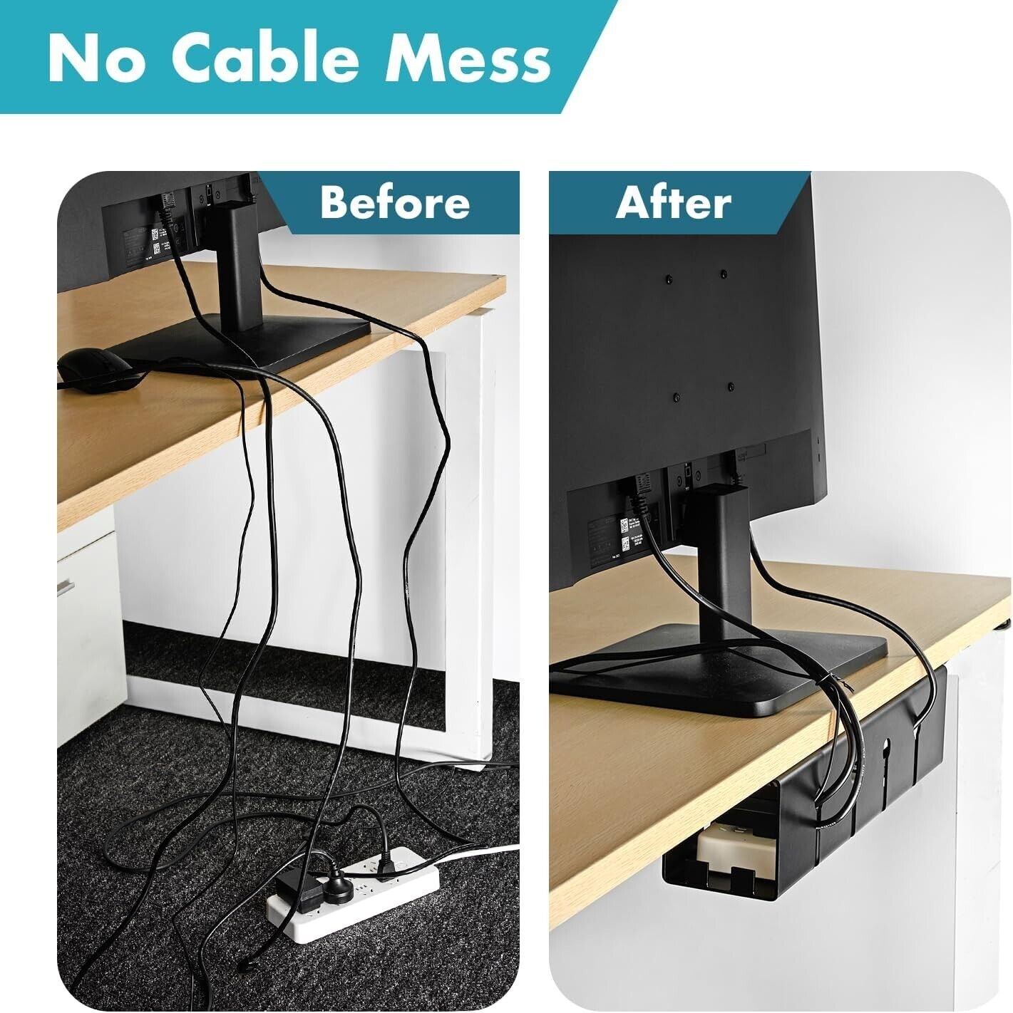 Under Desk Cable Management Tray – Heavy-Duty Steel Cord Organizer, No-Drill Mount, Holds Power Strips & Cables, Clutter-Free Workspace, Easy Install