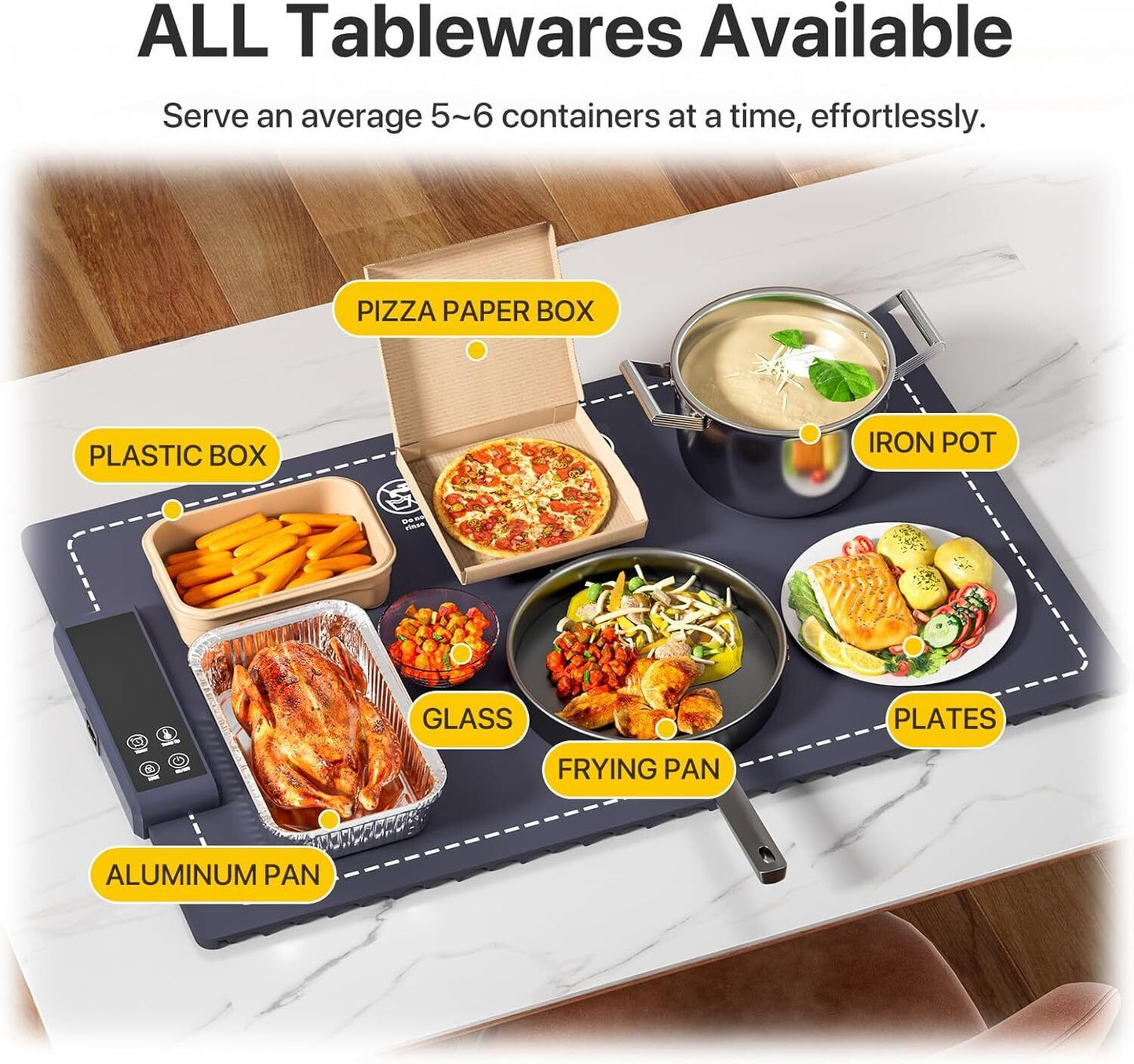 Food Warming Mat Electric Tray – 6 Temperature & 5 Timer Settings, Fast Heating Silicone, Child Lock, Easy to Clean & Roll Up, Customizable 