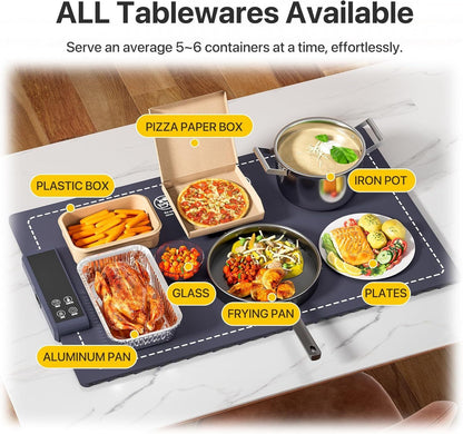 Food Warming Mat Electric Tray – 6 Temperature & 5 Timer Settings, Fast Heating Silicone, Child Lock, Easy to Clean & Roll Up, Customizable 