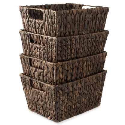 scalloped baskets, Hyacinth Storage Baskets - Set of 4 Handwoven Organizer Bins for Shelves, Pantry, Bathroom Kitchen Plastic Decorative Laundry