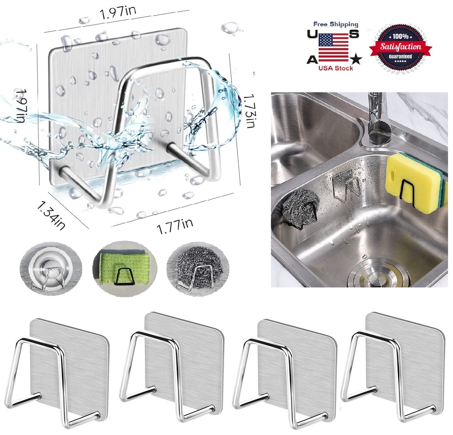 4Pcs Stainless Steel Adhesive Sponge Holder Sink Caddy for Kitchen Accessories