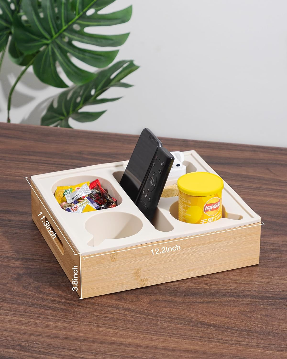 Couch Cup Holder with Lid, Silicone Bed Caddy with Cup Holder, Bed Organizer for Drinks, Snacks, Remotes, Bamboo Couch Caddy for Sofa, Bed and Car(Beige)