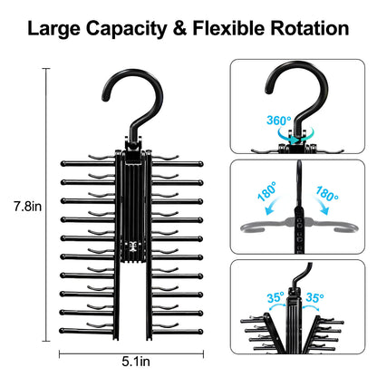 Tie Rack Organizer for Closet - 20 Tie Hanger with 360° Rotating Hook, Space-Saving Non-Slip Clips, Durable ABS Plastic, Easy Access & Neat Storage