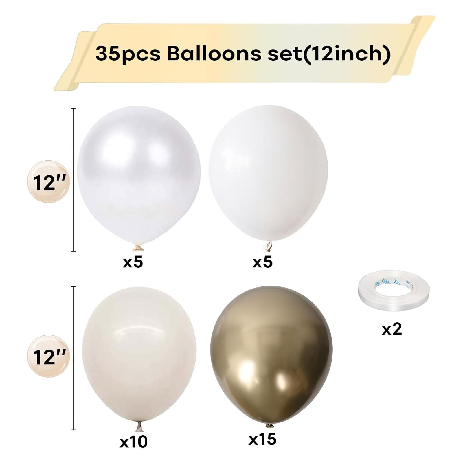White and Gold Balloons, 12 Inch White Sand Gold Metallic Latex Balloons, Beige