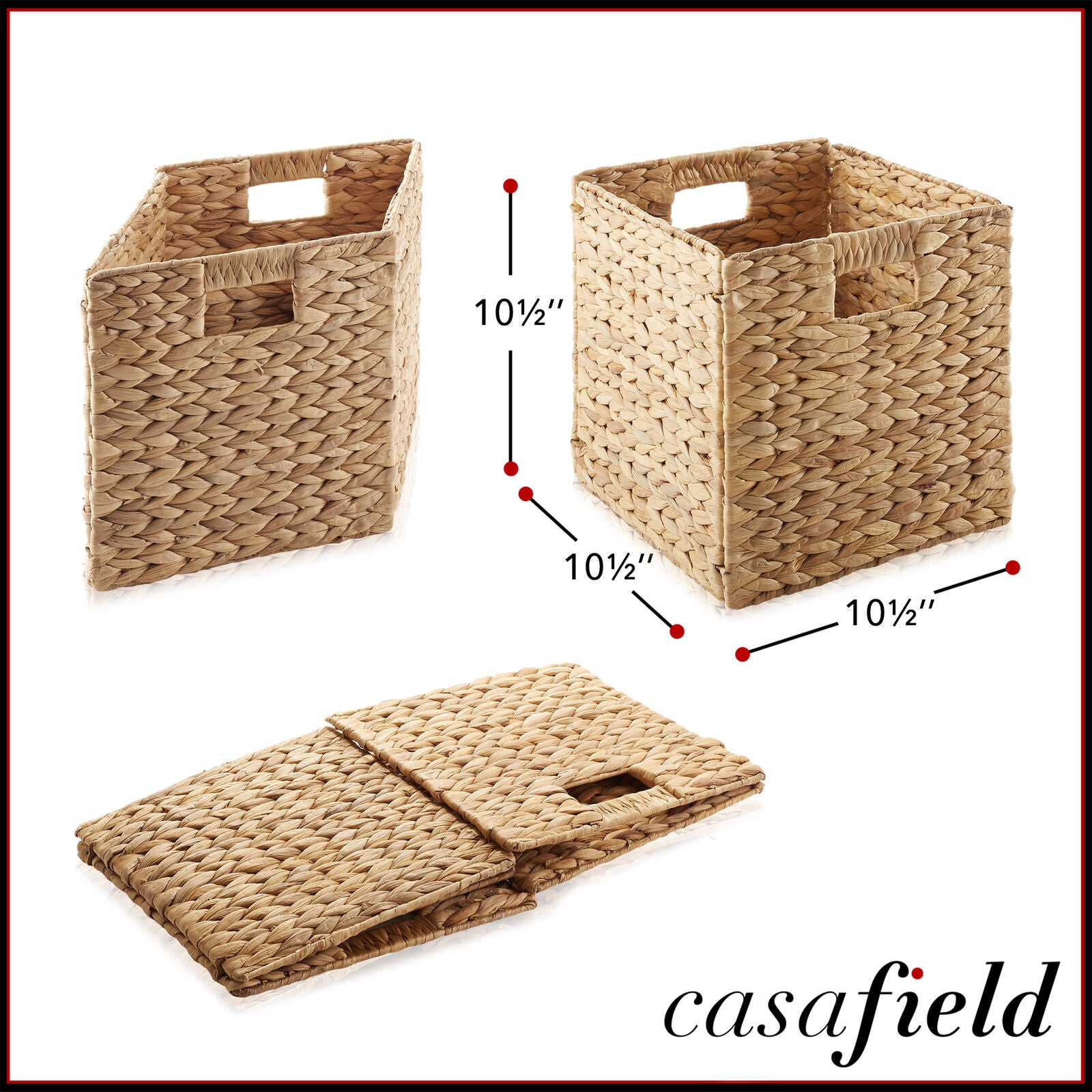 scalloped baskets, Wicker Storage Baskets for Shelves - Set of 4 Handwoven Water Hyacinth Cube Bins, 10.5” Foldable Metal Plastic Boho Dual Room