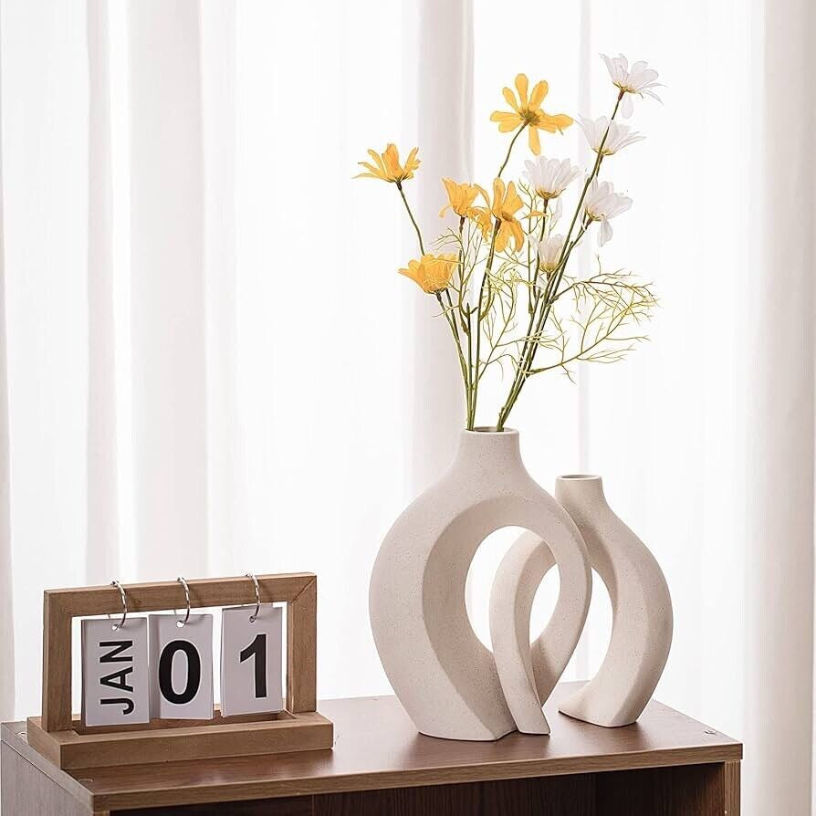 Off White Hollow Ceramic Vase Set - Modern Donut Boho Vases for Minimalist Home Decor, Nordic Aesthetic Shelf & Coffee Table Decor,Trendy Room Accents