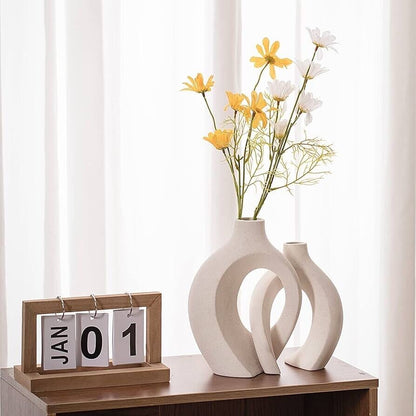 Off White Hollow Ceramic Vase Set - Modern Donut Boho Vases for Minimalist Home Decor, Nordic Aesthetic Shelf & Coffee Table Decor,Trendy Room Accents