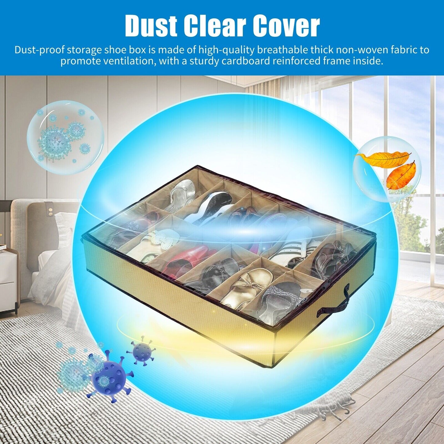 Organizer Storage Shoe Organizer Under Bed Storage with Clear Cover Holds 24 Pairs Dustproof Space Saving Box with Handles