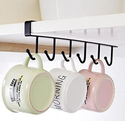 Under Shelf Mug Holder Rack - 2 Pack Nail-Free 6 Hook Cup Hanger, Space-Saving Kitchen Organizer for Mugs, Coffee Cups, Keys & More, Easy Install & Durable