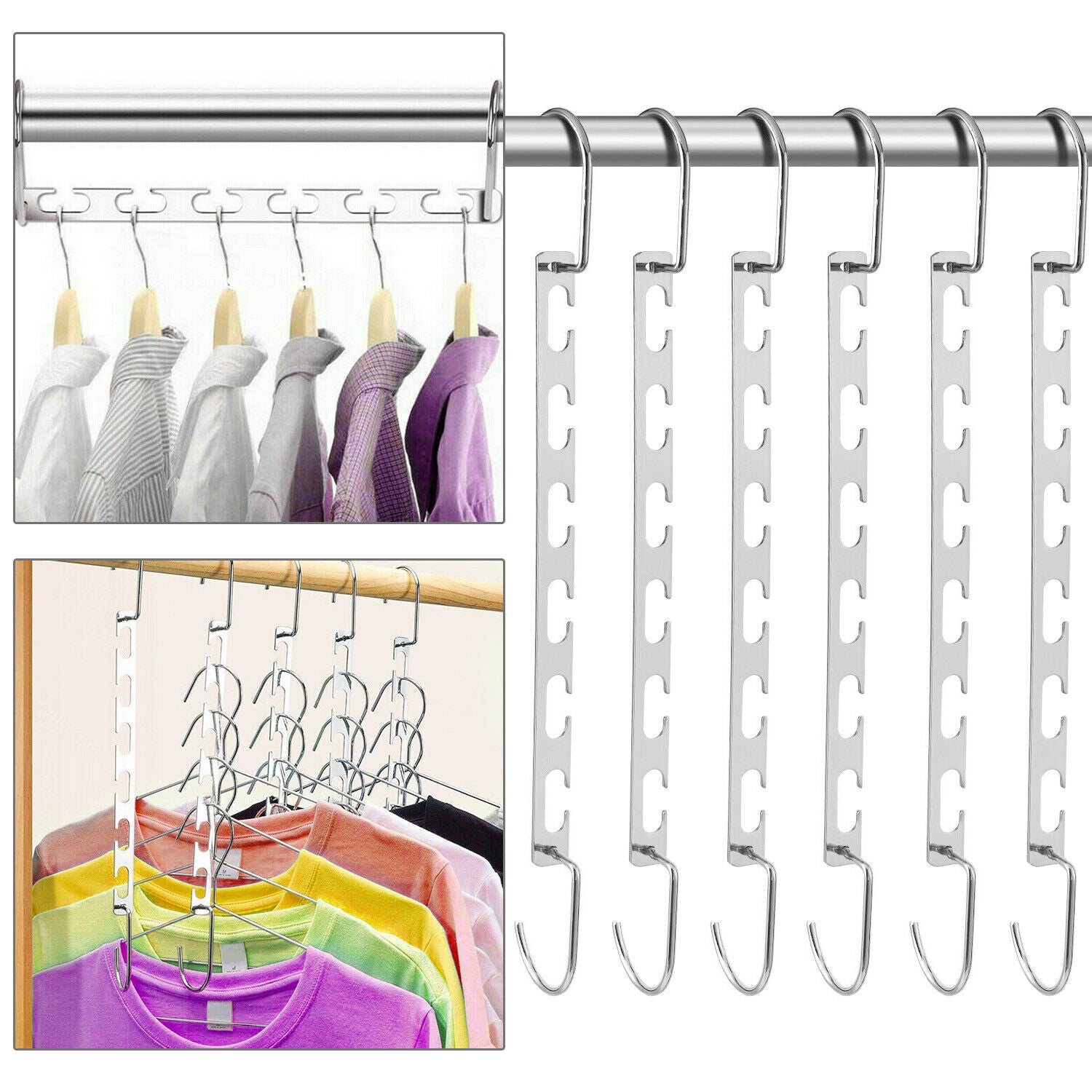 Space Saving Closet Organizers, 6 Pack Metal Wonder Hangers Hooks | Heavy-Duty Clothes Rack for Vertical & Horizontal Storage | Anti-Slip Hanging