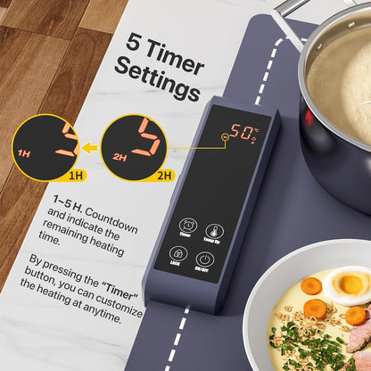 Food Warming Mat Electric Tray – 6 Temperature & 5 Timer Settings, Fast Heating Silicone, Child Lock, Easy to Clean & Roll Up, Customizable 