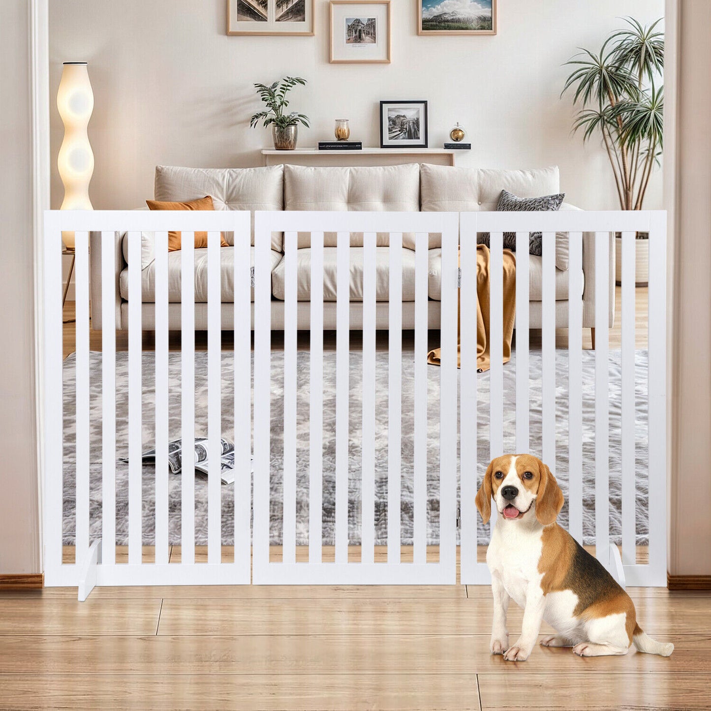 36''H Foldable Dog Gate with 3 Panels – Expandable Freestanding Pet Barrier for Doorways, Stairs, & More, Durable MDF, No Assembly, Anti-Slip Design