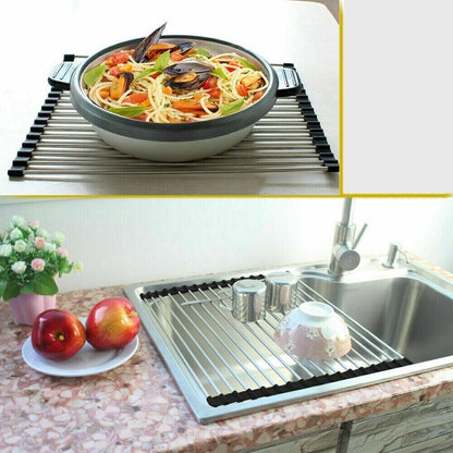 Large Kitchen Over Sink Drying Rack | Stainless Steel Roll-Up Dish Drainer & Cutting Board | Multi-Functional Space-Saving Food Prep Solution