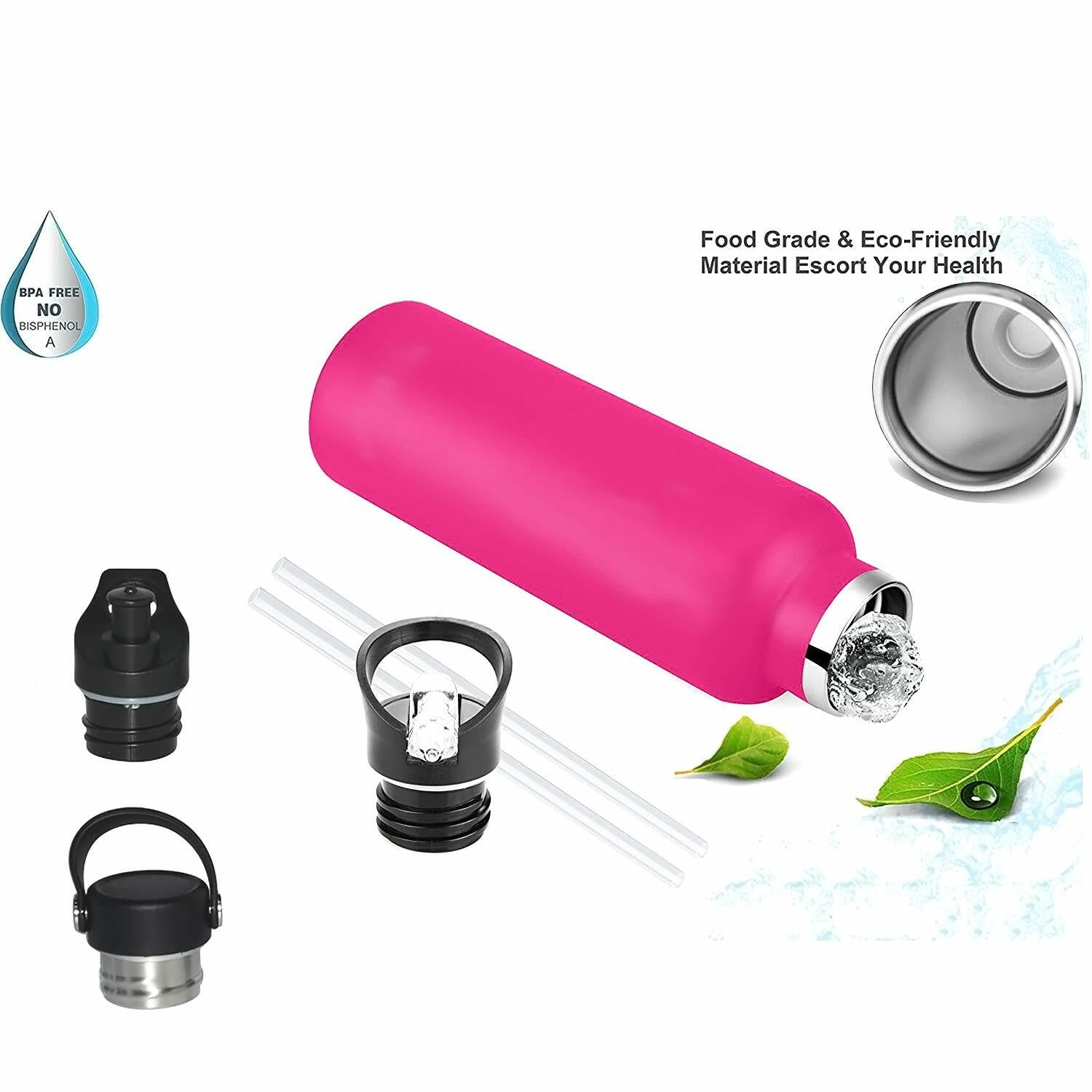 Stainless Steel Vacuum Insulated Double Wall Water Bottle W/3 Lid, Straws, Clip