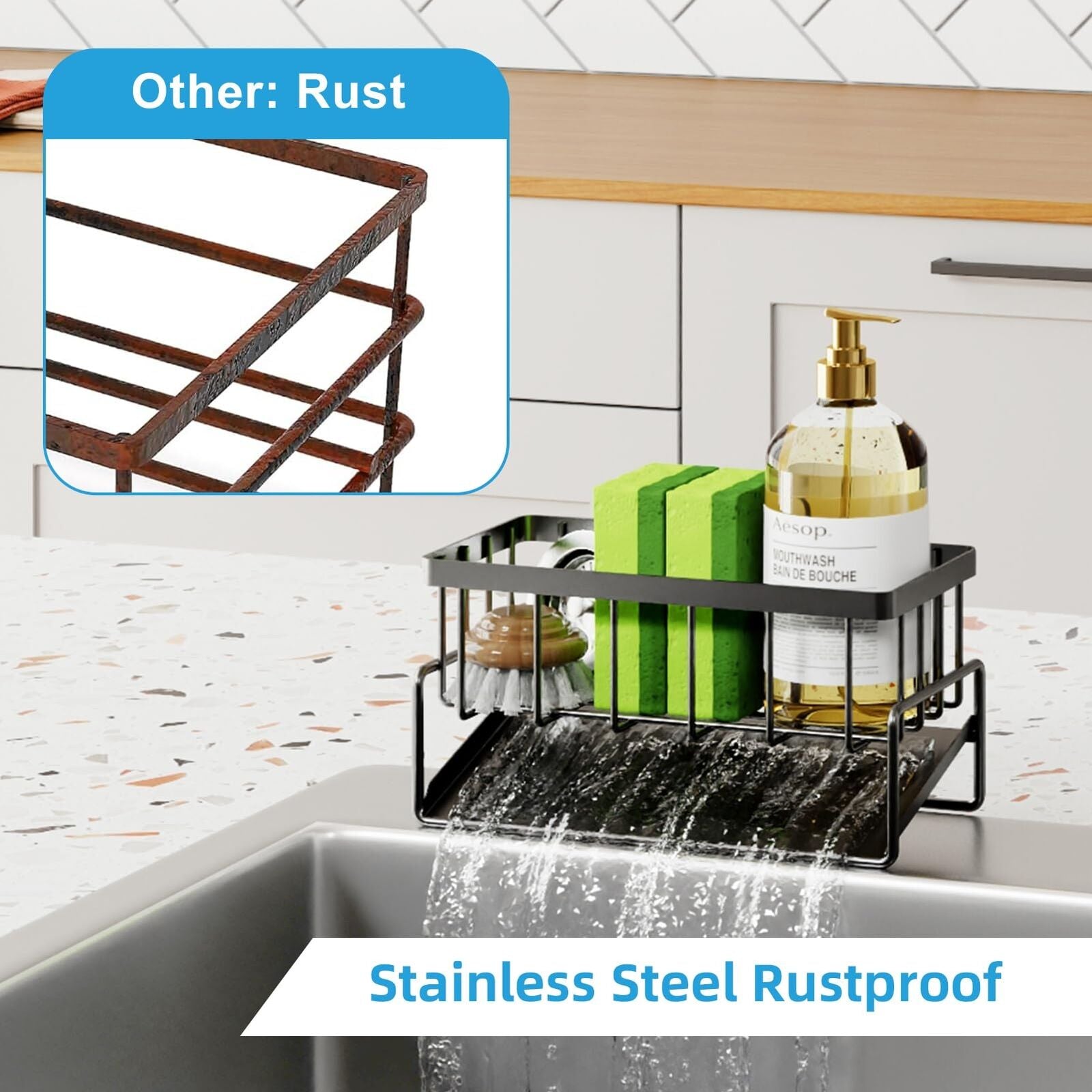 Kitchen Sink Organizer with Self-Drain System - Rustproof Stainless Steel Sponge Holder for Detergent, Brushes & Sponges, No Installation