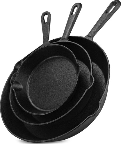3PCS Cast Iron Skillet Set 6" 8" 10" Heavy Duty Pre-Seasoned Frying Pan Cookware