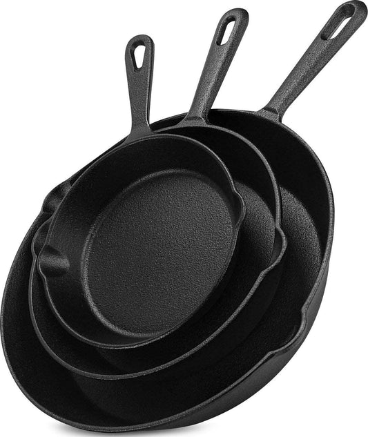 3PCS Cast Iron Skillet Set 6" 8" 10" Heavy Duty Pre-Seasoned Frying Pan Cookware