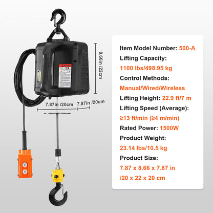 Portable Electric Hoist Winch Crane 1500W - 1100 lbs Capacity, 200ft Wireless & 19ft Wired Remote, Aerospace-Grade Steel Cable, High-Speed Lifting