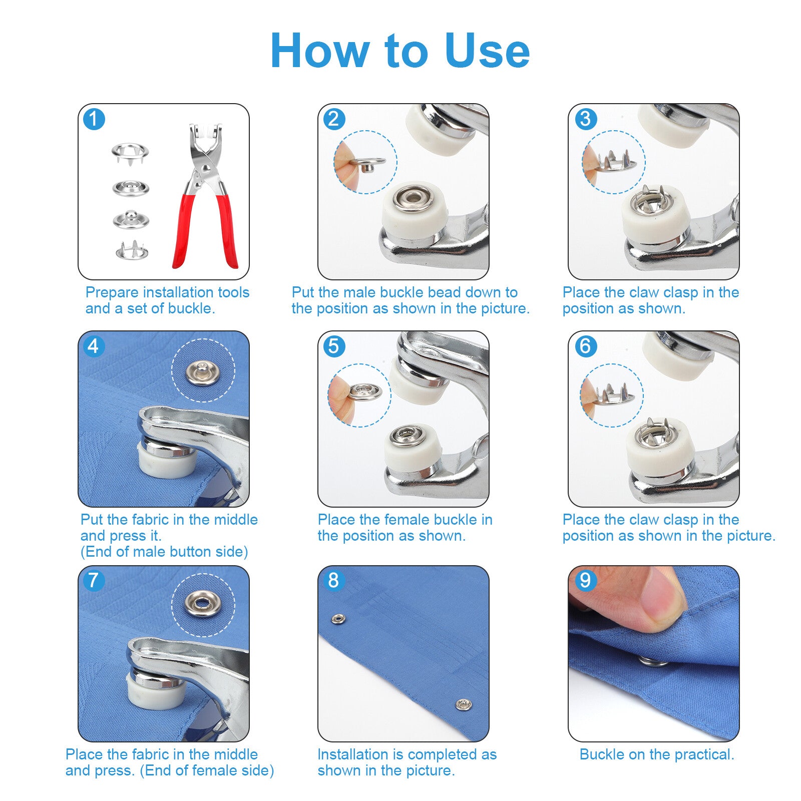 100 Set Snap Fastener Kit 9.5Mm Press Studs with Pliers for Fabric Craft Clothes