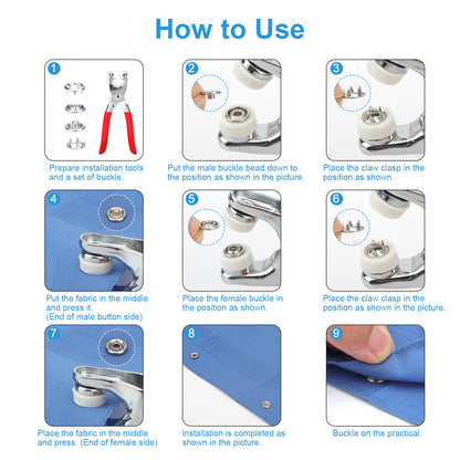 100 Set Snap Fastener Kit 9.5Mm Press Studs with Pliers for Fabric Craft Clothes
