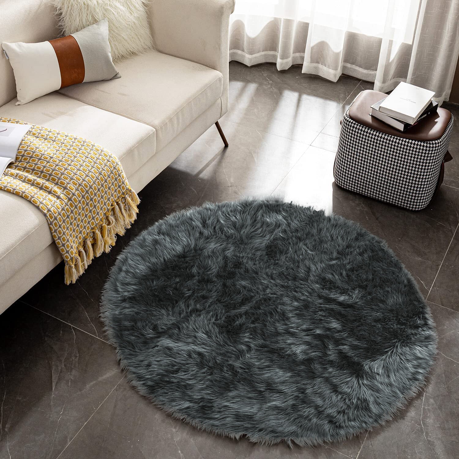 Faux Fur Sheepskin Fluffy Area Rugs round Shaggy Carpet for Bedroom Living Room