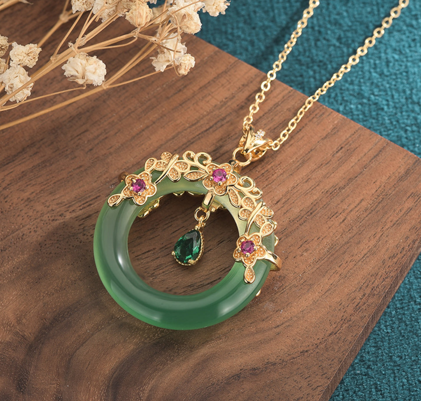 safety necklace, Jade Crystal Pendant Necklace –18K Gold Plated Donut Charm, Dainty Gemstone Jewelry, Adjustable 18'' Chain, Elegant Gift for Her, Mom