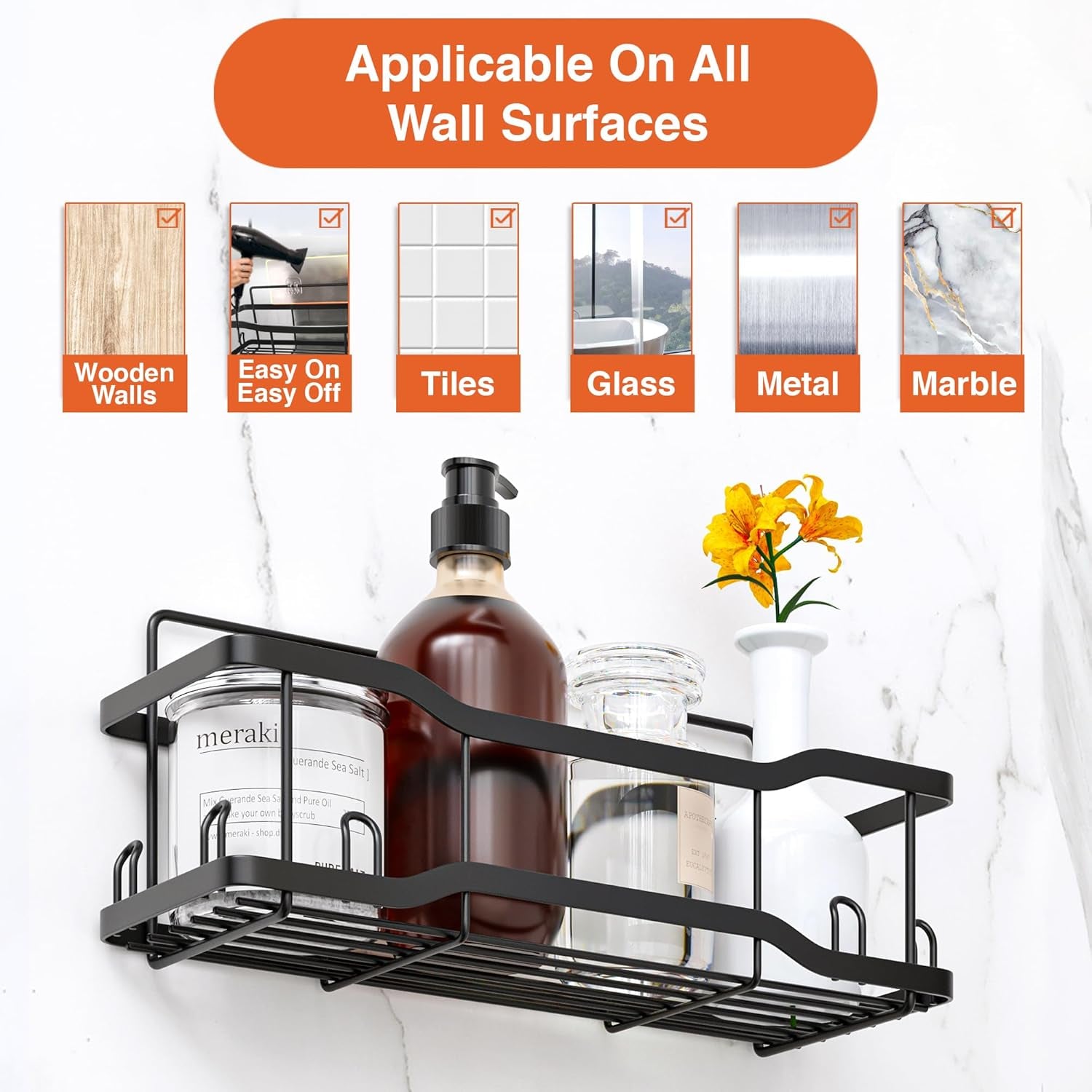 Shower Caddy Bathroom Shelves, the Athena Silken Black 4 Set, 40LB Capacity, Adh