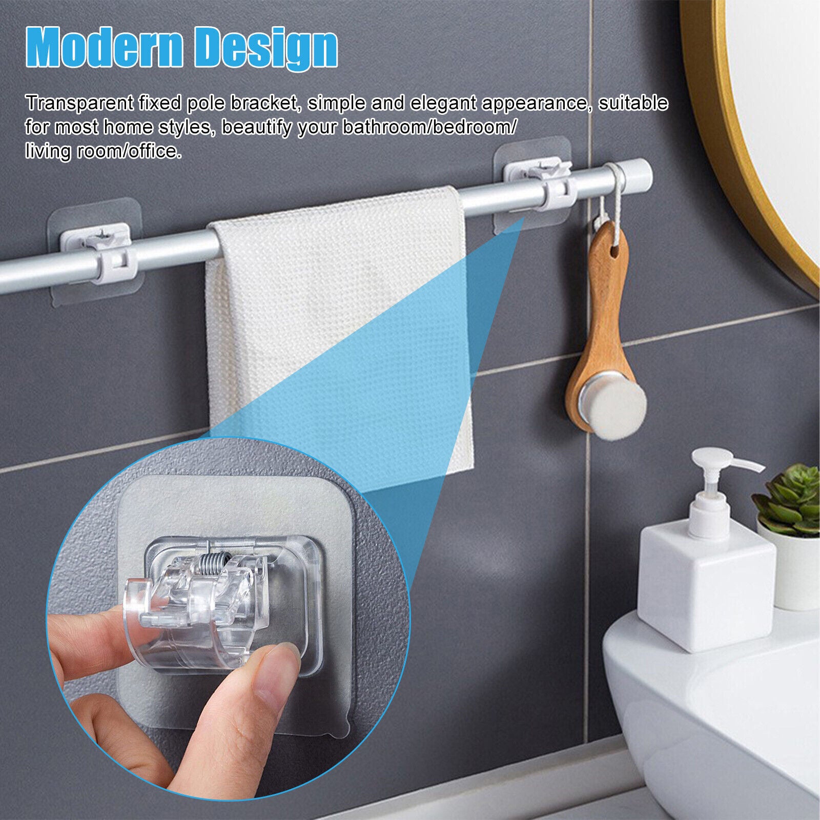 8PCS Nail Free Adjustable Curtain Rod Clip Brackets Self Adhesive Holder Hooks