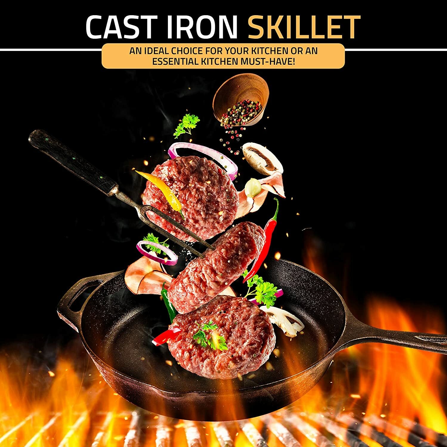Pre-Seasoned 12.5 Inch Cast Iron Skillet Multipurpose Use by Utopia Kitchen