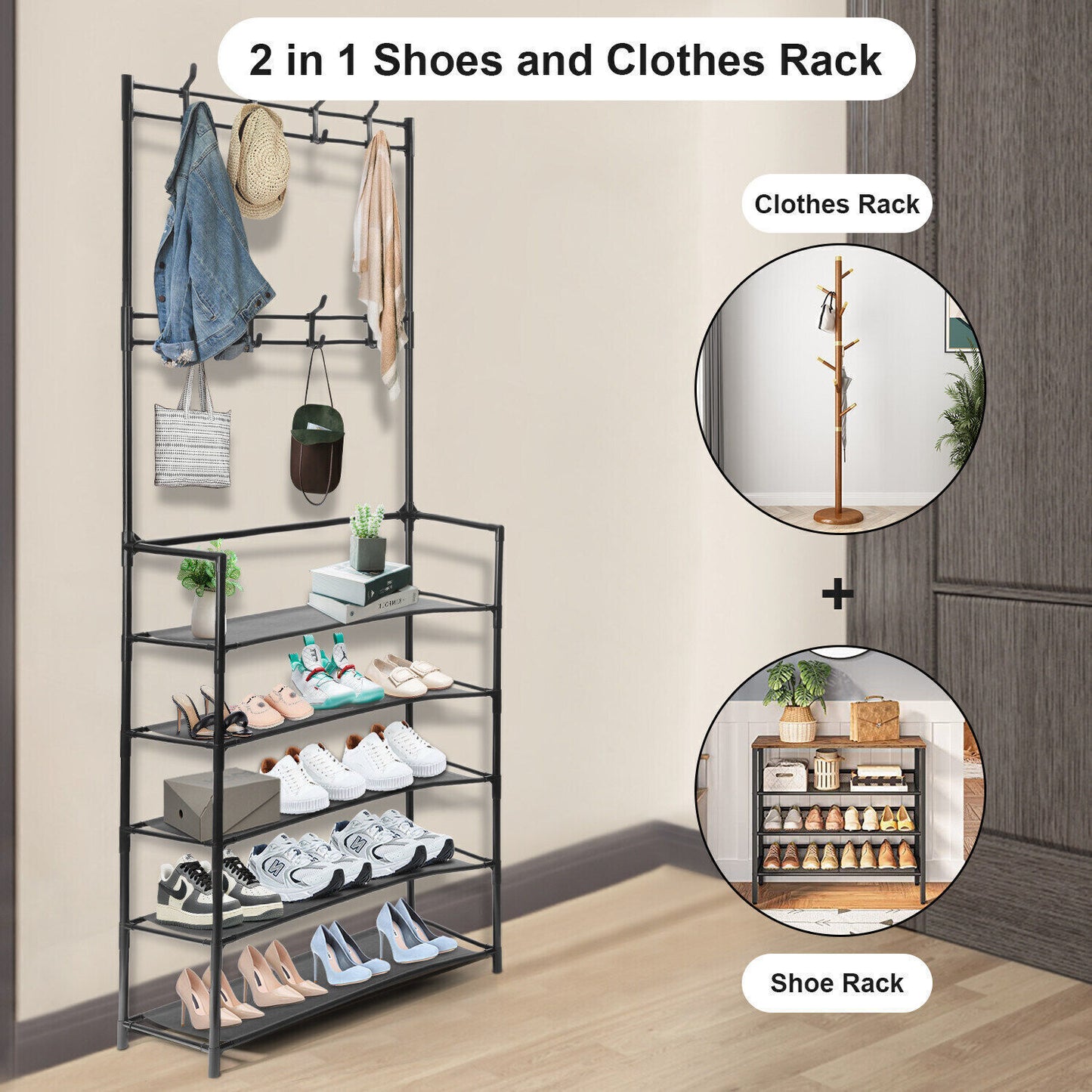 storage unit, Entryway Coat Rack with Shoe Storage – 3-in-1 Freestanding Organizer with Hooks & 5-Tier Shelves, Space-Saving Hall Tree for Hats