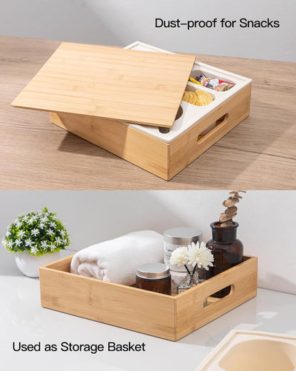 Couch Cup Holder with Lid, Silicone Bed Caddy with Cup Holder, Bed Organizer for Drinks, Snacks, Remotes, Bamboo Couch Caddy for Sofa, Bed and Car(Beige)