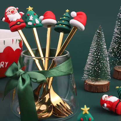 Christmas Themed Cutlery Set 6PCS Christmas Gift Glod Spoon Fork Set Elk Christmas Tree