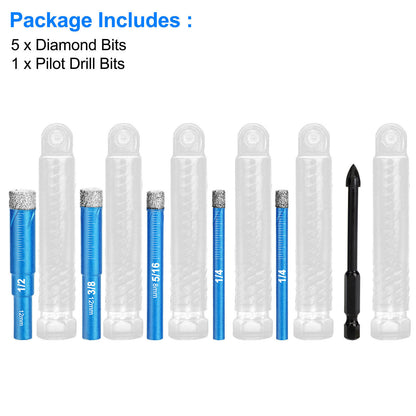 6PCS Dry Diamond Drill Bits Set for Porcelain Ceramic Granite Marble Stone Glass