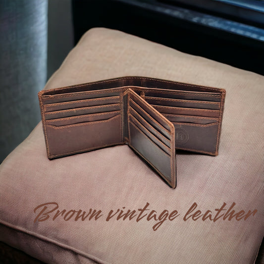 RFID Blocking Brown Vintage Leather Men'S Bifold Center Flap Wallet