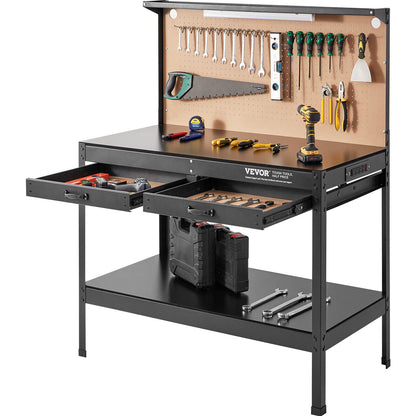 peg board driver Heavy-Duty Steel Workbench with LED Light, Power Outlets, Pegboard & Storage Hooks – 220lbs Capacity, Stable & Durable for Garage 